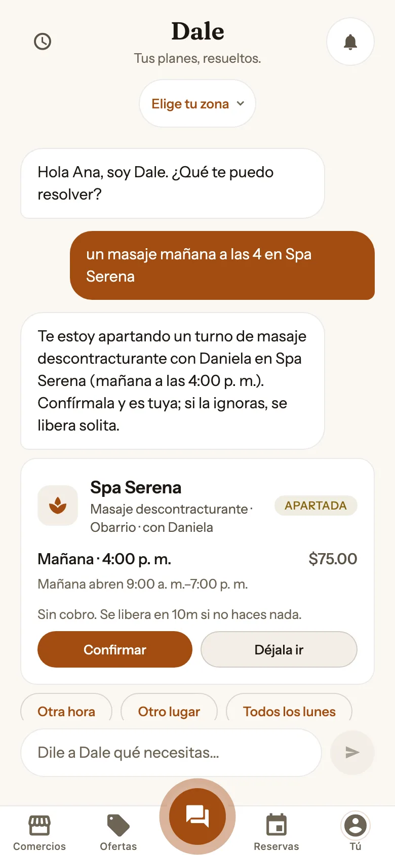 Chat de Dale: un cliente pide un masaje y Dale le aparta un turno