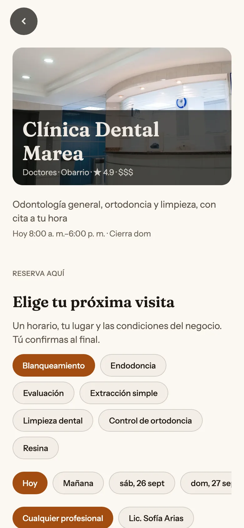 Ficha de Clínica Dental Marea en la app de Dale, con sus servicios para reservar