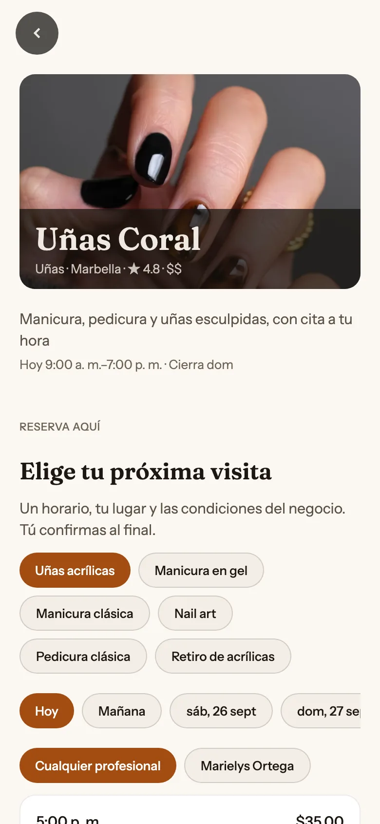 Ficha de tu estudio de uñas en la app de Dale, con sus servicios para reservar