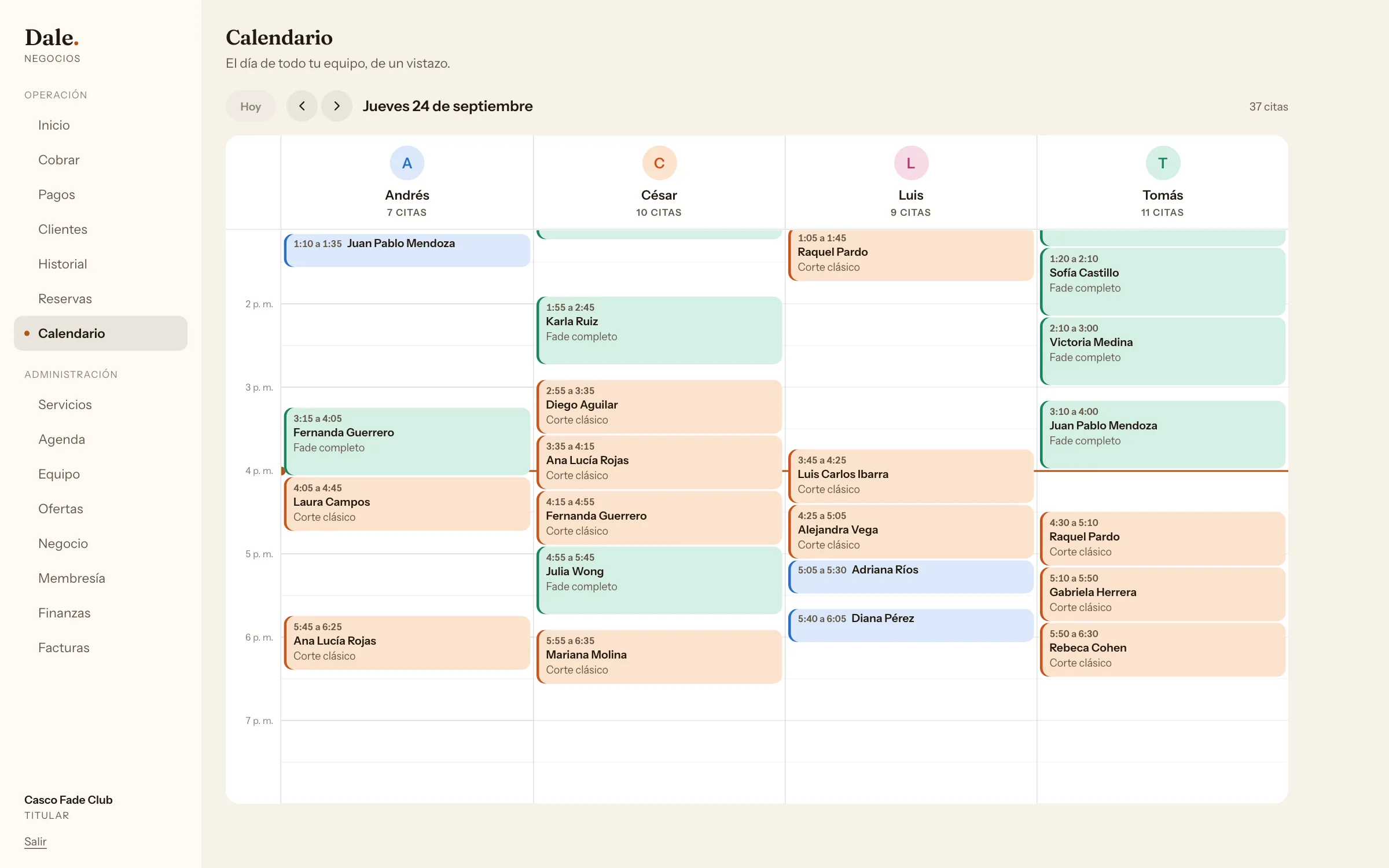 Calendario de Dale en una barbería: una columna por barbero con los cortes del día