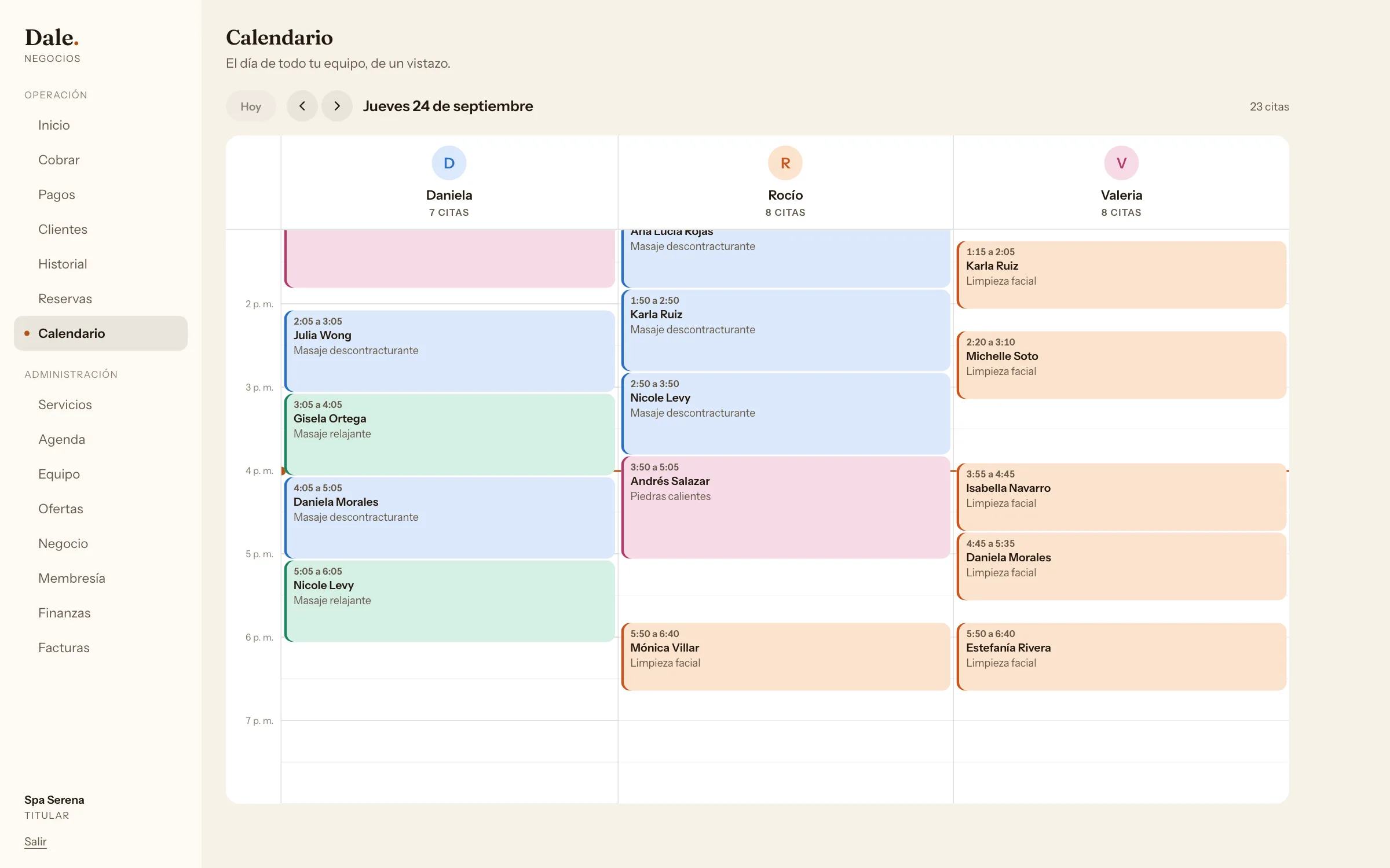 Calendario de Dale en un spa: una columna por terapeuta con las sesiones del día