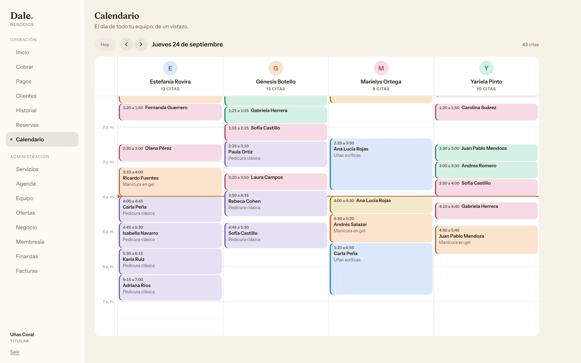 Calendario de Dale en un estudio de uñas: una columna por manicurista con las citas del día