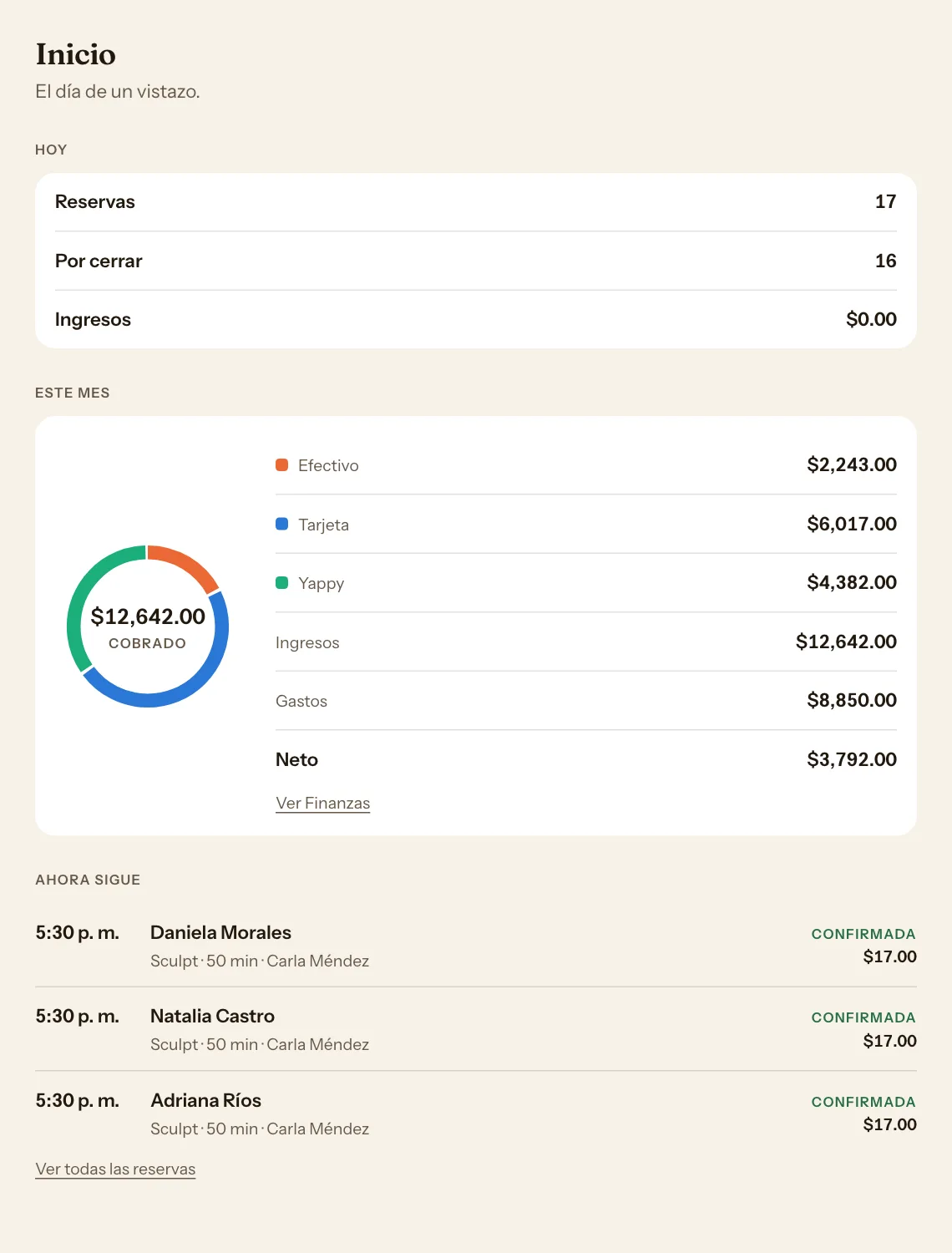 Inicio del CRM de un estudio: reservas de hoy e ingresos del mes